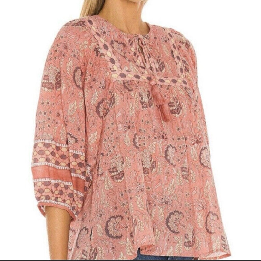 Cleobella Amaryllis Pink Boho Top V Neck Blouse with Tassel neckline